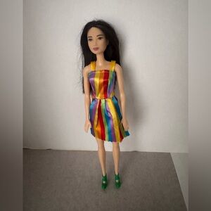 Barbie Doll “Summer” Wearing Rainbow Satin Dress With Matching Green Heels